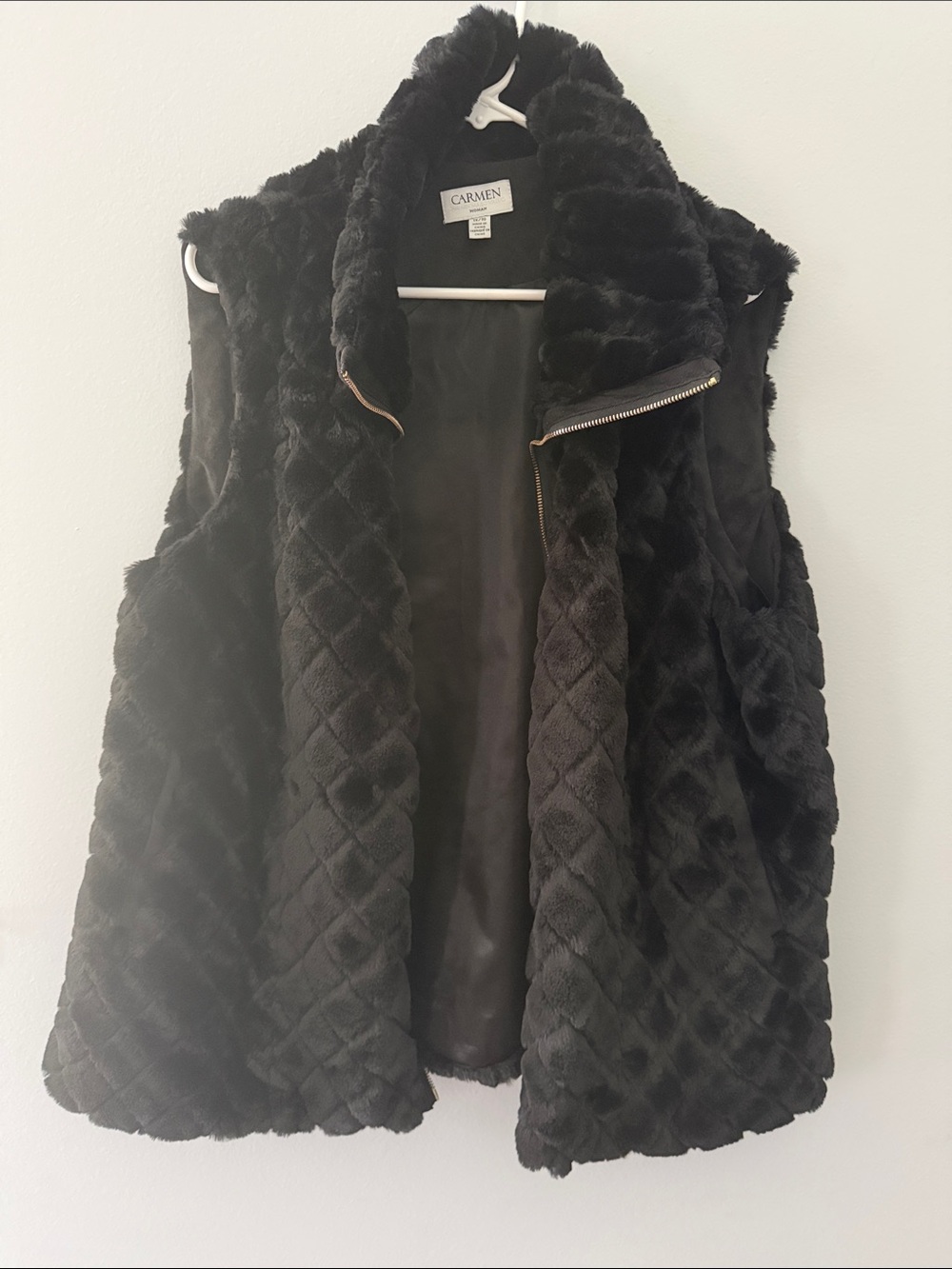 Carmen Black Quilted Faux Fur Vest - Sleeveless Zip Front